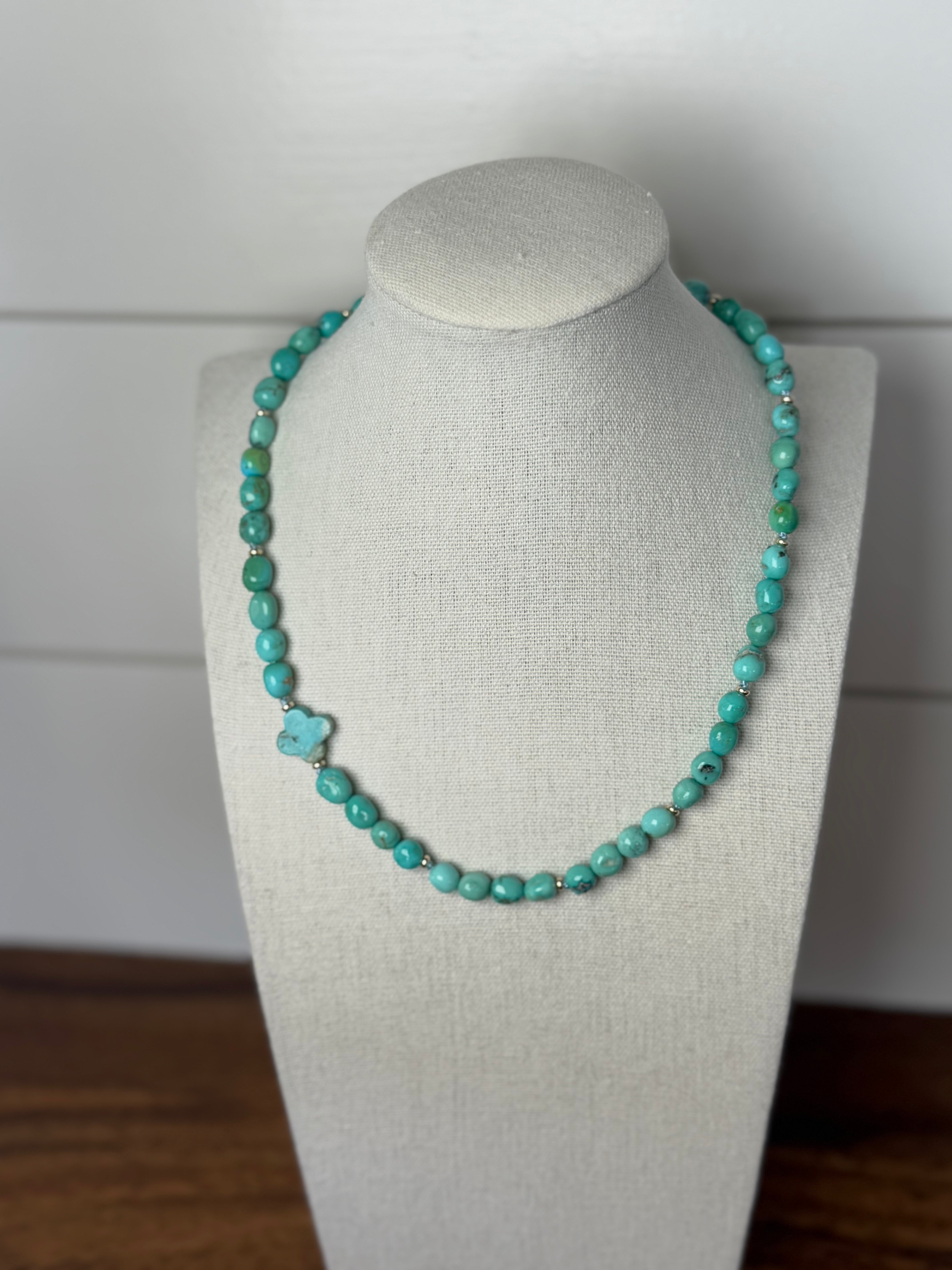 sonoran turquoise, solid gold, hand carved clover, turquoise & gold necklace