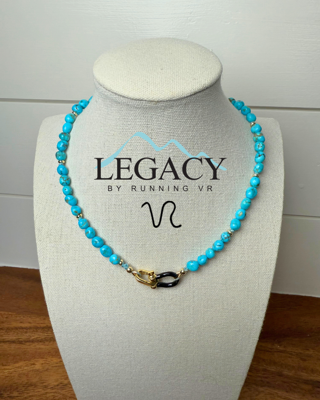 sleeping beauty turquoise, turquoise and gold necklace, black enamel horseshoe necklace